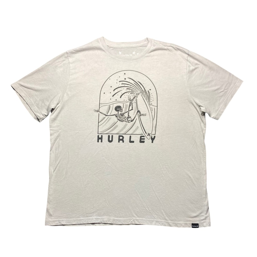 Hurley T-Shirt Mens Large Cream Beige Everyday Tee Skeleton Surfing‎ Graphic